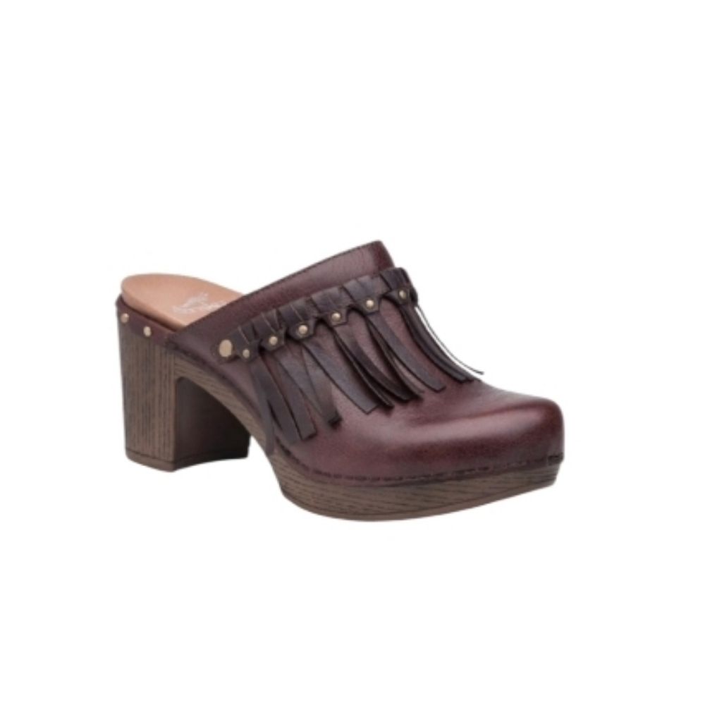 41 Dansko Deni Fringe Brown Leather Slip High Heel Clog Mule Boho Women 10.5 11